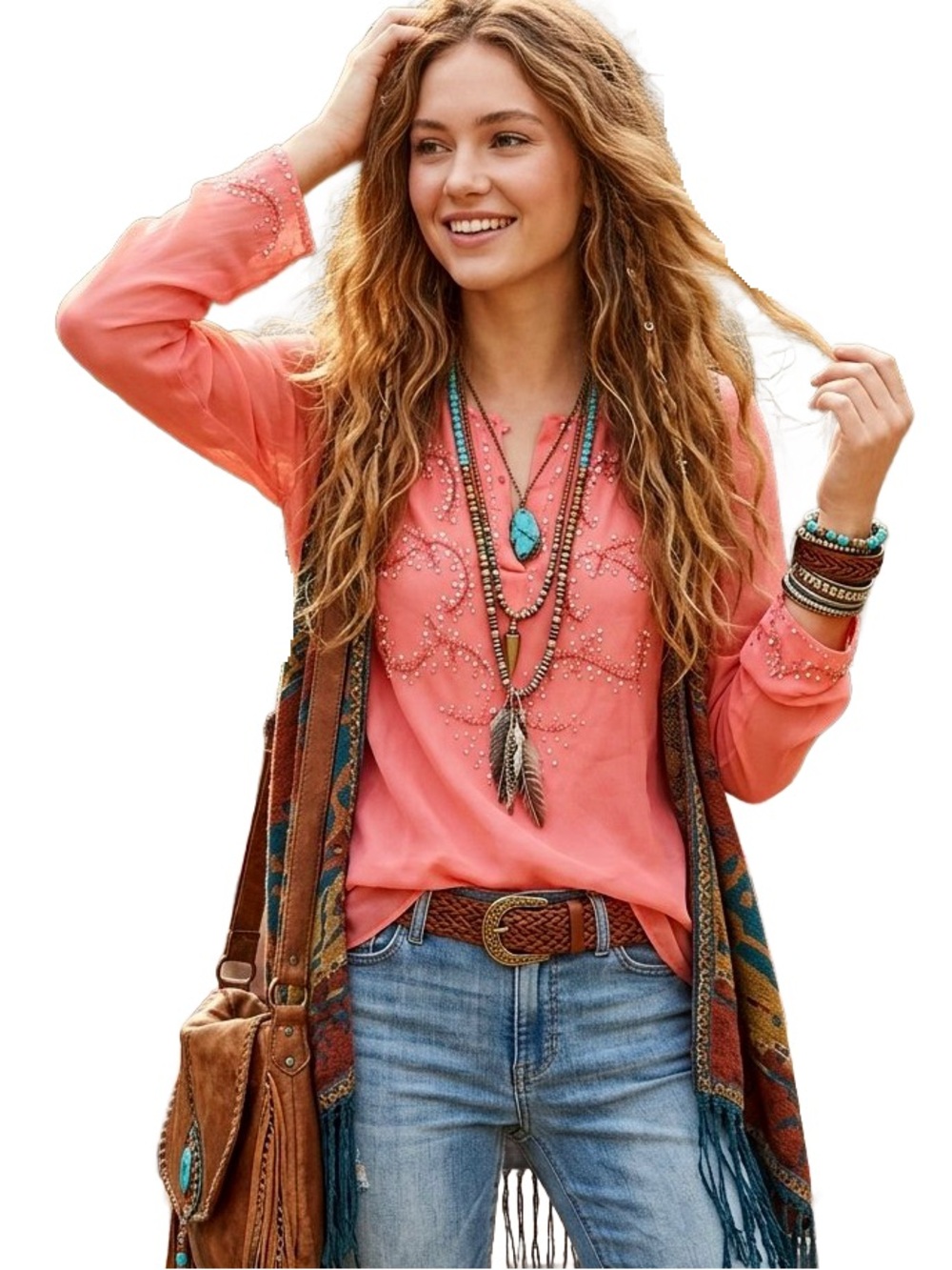 e·col·o·gie 100% Silk Coral Boho Embroidered Sequin Blouse Rhinestone Buttons M